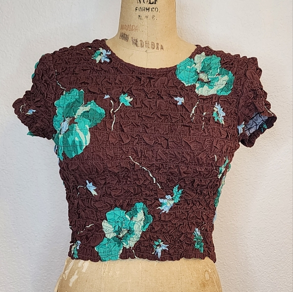 Free People Chocolate Smocked Floral Carino Top - Picture 7 of 11